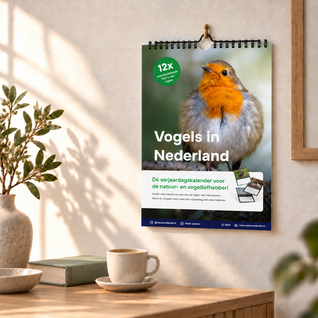 Verjaardagskalender ‘Vogels in Nederland – Roodborst’ aan de muur